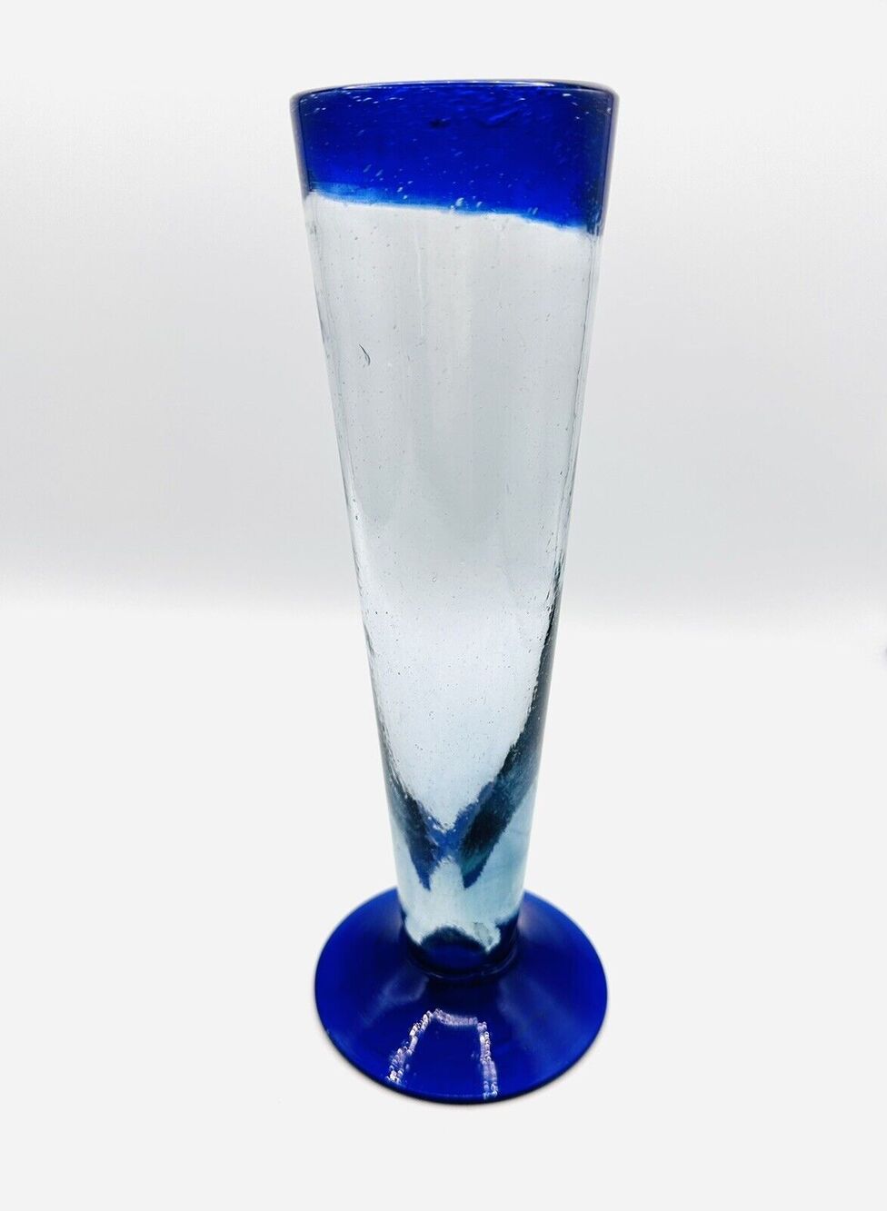Vintage Mexican Hand Blown footed Glass Vase Cobalt Blue Rim & Base 9''